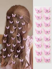 10pcs/Set Baby Girls Pink Double-Layer Rhinestone Sheer Organza Butterfly Small Hair Clips Cute Princess Style Hair Accessories - Pink - View 8