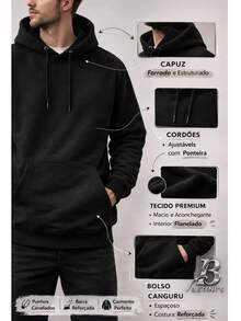 Men's Plain Oversized Kangaroo Hoodie With Hood And Front Pocket | Casual Streetwear Comfortable Winter Loose Fit Drawstring Pocket - 黑色 - 查看 8