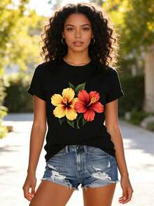 1pc Women Clothes Hibiscus Print Black TShirt, Unisex Casual Crew Neck Tshirt, Lightweight 220gsm Knit Fabric, Machine Washable, For Spring/Summer/Fall, Christmas, Valentine's Day, Halloween - 黑色 - 查看 6