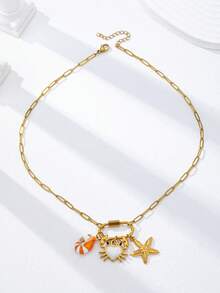 1 Pc 18K Gold Plated Stainless Steel Starfish Charm Necklace For Women - Chunky Chain With Carabiner Clasp And Interchangeable Sealife Pendant - Summer Vacation Bohemian Beach Jewelry - Starfish and Lobster Pendant Necklace - View 2