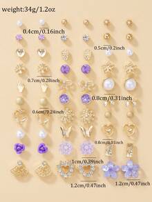 30 Pairs Set Of Elegant Rhinestone Flower & Faux Pearl Metal Asymmetrical Geometric Earrings, Suitable For Daily Wear, Party, And Gatherings - Multicolor - View 5