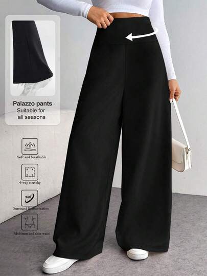 Quần ống đứng cạp cao dành cho nữ - Chất liệu co giãn vừa phải, màu trơn, kiểu dáng công sở và thường ngày, phù hợp cho mùa xuân, hè, thu, thanh lịch và thoải mái, trang phục thường ngày mùa xuân, thiết kế ống rộng màu đen.