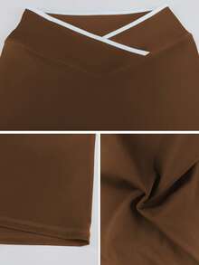 Shorts de Ioga de Cintura Alta com Blocos de Cor e Elevação Glútea para Mulheres, Shorts de Ciclista para Fitness, Corrida e Treino Esportivo Ativo - Café - Visão 6