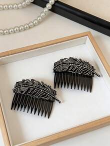 2pcs Rhinestone Feather Hair Combs, Acrylic Non-Slip Hair Side Combs, Shiny Hair Clips For Women And Girls - Multicolor - View 2