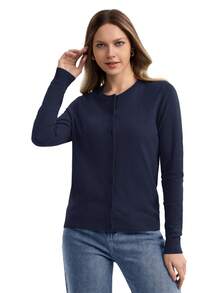 Cárdigan de punto para mujer, informal, ligero, de cuello redondo, de manga larga y de frente abierto - Azul Marino - Ver 4