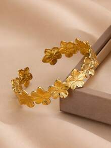 优雅花卉不锈钢手镯，18K镀金可调节开口手镯，女士金色婚礼首饰，节日派对配饰，送给她/妈妈/闺蜜的礼物 - 不銹鋼 - 查看 3