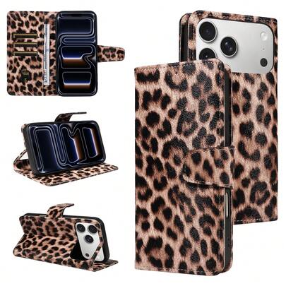 eaacaa 1 pieza Funda de cartera con tapa con estampado de leopardo y múltiples ranuras para tarjetas, adecuada para iPhone 17pro Max/17pro/AIR/17/17e/16promax/15/14/13/12/11, versión internacional, no la versión nacional