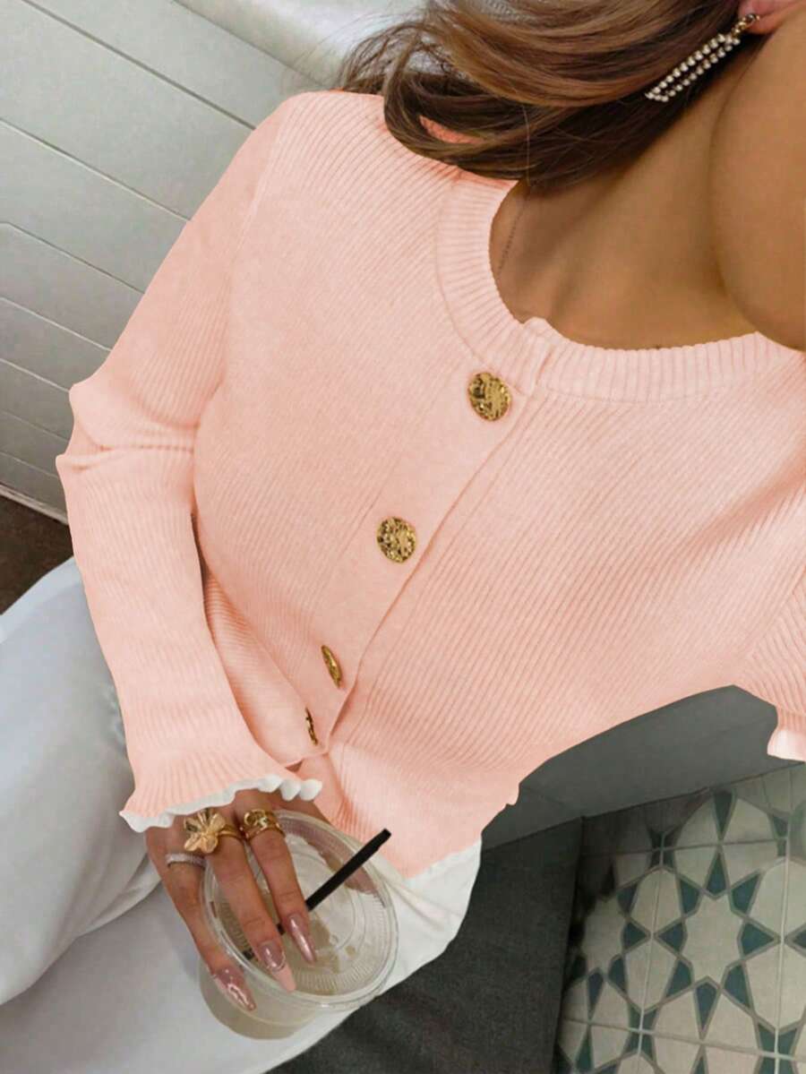 Women's Autumn Graduation Season Casual Crewneck Butter Yellow Ruffle Button Knitted Top Pullover Work/Office - Baby Pink - View 1