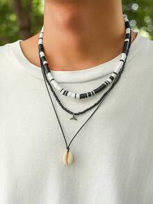 3pcs Minimalist Shell Pendant Necklace Set, Ceramic Beaded Necklace For Men, Daily Wear - Black and White - View 5