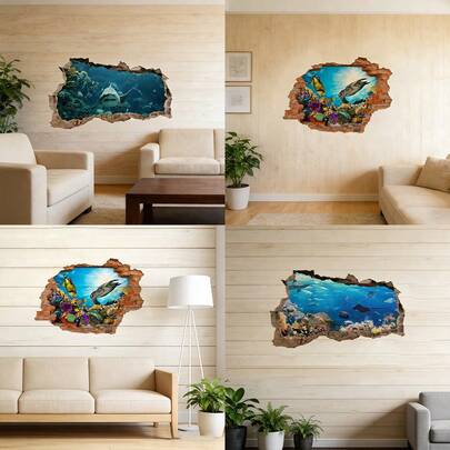 ملصق جداري لعالم تحت الماء، حياة بحرية، سمكة قرش، وتصميم شعاب مرجانية، لاصق ذاتي، جداري فينيل قابل للإزالة، مثالي لخلفيات غرفة المعيشة والأريكة وديكور المنزل، ملحق فني داخلي مقاوم للماء