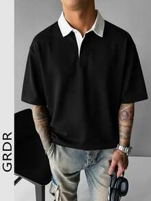 GRDR 男士撞色 Polo 衫，夏季休闲运动装 - 黑色 - 查看 1