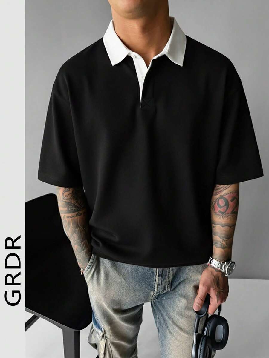 GRDR 男士撞色 Polo 衫，夏季休闲运动装 - 黑色 - 查看 1