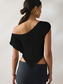 Gym Wear Women Gym Top Black Top Jersey Knit Asymmetric Off-The-Shoulder Poncho Gym Tops For Women - Black - View 2