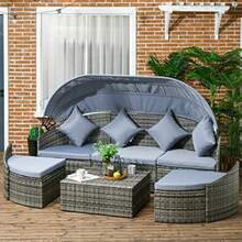 Outsunny 4-Piece Outdoor Rattan Furniture Set Round Convertible Patio Daybed Or Sunbed Sectional Sofa With Canopy Pillows Cushions Footrest Table PE Plastic Wicker Light Gray - Light Gray - 查看 3