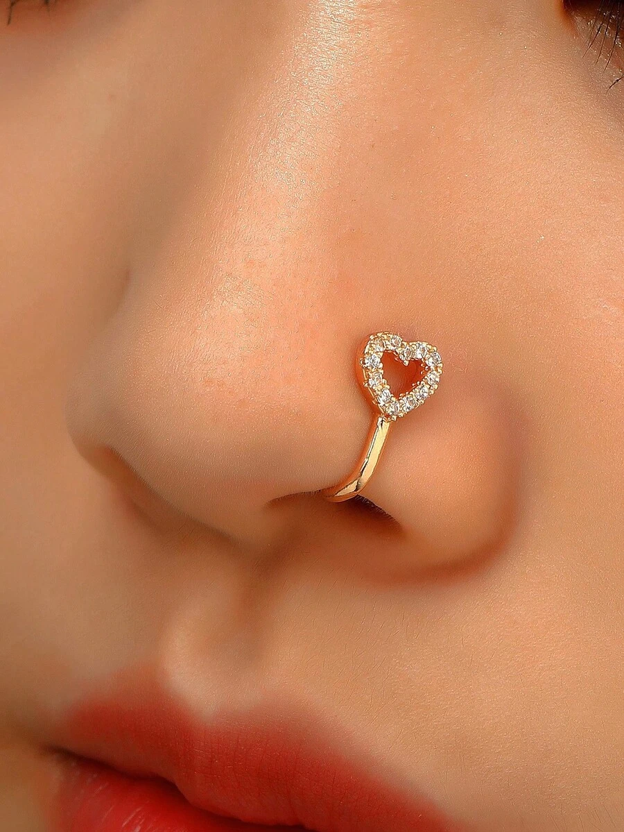无痛鼻夹，极简铜质微镶嵌氧化锆心形U型鼻饰 - 愛心鑲鑽鼻環 - 查看 1
