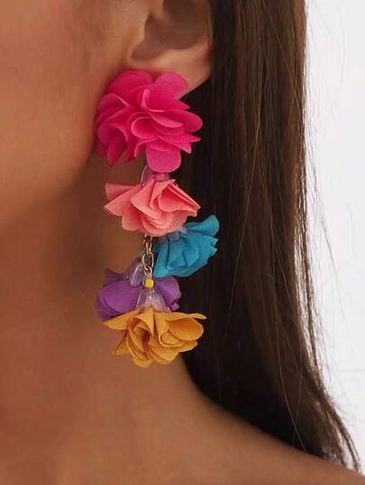 1对波西米亚风彩色花卉布艺吊坠耳环（女士款）