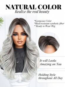 Tóc giả dài 24 inch màu ombre, rẽ ngôi giữa, kiểu tóc xoăn, thanh lịch và thời trang dành cho nữ, tóc giả tổng hợp chịu nhiệt được làm bằng máy, phù hợp để đội hàng ngày, đi du lịch, dự tiệc và lễ hội, món quà lý tưởng cho các cô gái trong dịp lễ. - Màu xám ombre - Xem 4