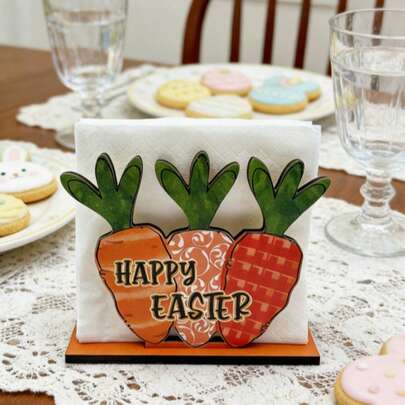 复活节主题木质纸巾盒套，胡萝卜、兔耳朵、蝴蝶结装饰，多种款式，营造节日氛围