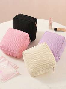1 pieza Bolsa portátil de almacenamiento de toallas sanitarias de pana, bolsa con cierre de cremallera para productos menstruales, organizador de tampones de pana suave, bolsa con gran capacidad para artículos de higiene femenina con forro, caja de almacenamiento de toallas sanitarias minimalista y de moda, adecuada para viajes, bolso, escritorio de oficina, bolsa de gimnasio, transporte diario, organización de artículos esenciales de trabajo - Multicolor - Ver 1