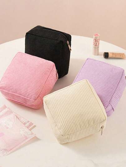 1pc Portable Corduroy Sanitary Pad Storage Bag, Zipper Closure Menstrual Products Pouch, Soft Corduroy Tampon Organizer, Large Capacity Women Hygiene Items Bag Lining, Fashionable Minimalist Sanitary Pad Storage Box, Suitable For Travel, Handbag, Office Desk, Gym Bag, Daily Commute, Work Essentials Organization