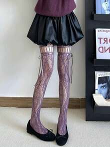 1双黑色/白色/咖啡色/灰色/紫色系带镂空蝴蝶结渔网袜，Y2K风格，春夏款 - 彩色 - 查看 8