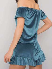 女士春夏睡衣套装，水钻天鹅绒露肩上衣和短裤两件套 - 銀色 - 查看 4