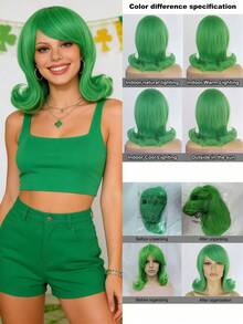 Tóc giả bob màu xanh lá cây tươi tắn với mái bằng, sóng xoăn tự nhiên hướng vào trong, hoàn hảo cho ngày lễ Thánh Patrick, các bữa tiệc, cosplay và diện mạo hàng ngày. - Nhiều màu - Xem 2