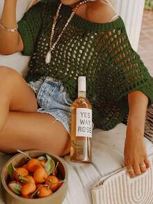 Women's Summer Short Sleeve Hollow Out Pullover Knit Top, Beach Cover Up Sweater Vacation Spring - Dark Green - View 3