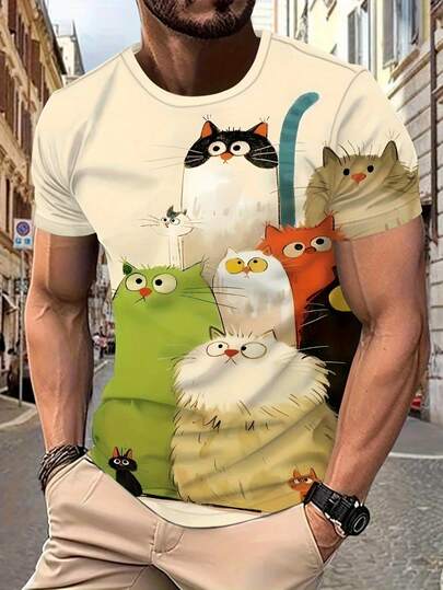 Áo thun nam in hình mèo 3D - Áo cổ tròn màu trắng với hình mèo hoạt hình ngộ nghĩnh, kiểu dáng thường ngày, dáng suông, phù hợp mặc hàng ngày | Thiết kế vui nhộn | Thoải mái khi mặc, món quà lý tưởng cho người yêu mèo.