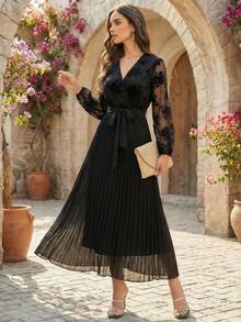 Elegant Women's Long Black Party Dress With Overlap Collar Long Sleeves Contrast Lace And Belted Pleated Flared Hem - Black - View 5