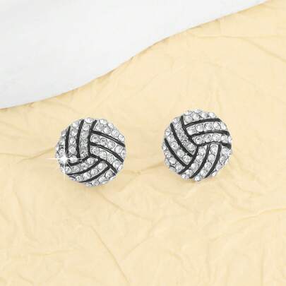 1 Pair Delicate Small Black & White Contrast Volleyball Design Rhinestone Stud Earrings, Collegiate Style Earrings Suitable For Daily Wear