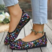 女士春秋季亮片软底低帮乐福鞋，百搭舒适平底莫卡辛鞋 - 黑色 - 查看 3