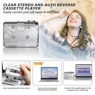 جهاز تشغيل كاسيت محمول بميزة الرجوع التلقائي، مشغل كاسيت محمول صغير بميزة الرجوع التلقائي وتأثير الصوت الاستريو. محول كاسيت إلى MP3. مشغل موسيقى كاسيت محمول. محول كاسيت - تشغيل وتحويل MP3، استريو، توصيل وتشغيل، بطارية/USB، منفذ نوع-سي