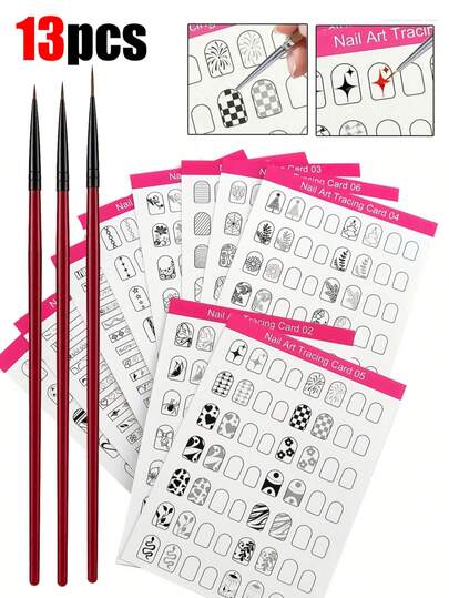 13 piezas Juego de papel de práctica de uñas reutilizable, tarjetas de copia de uñas dibujadas a mano, tarjetas de exhibición de uñas, tarjetas de entrenamiento de uñas adecuadas para principiantes, para mejorar el nivel profesional de los técnicos de uñas, incluye juego de herramientas de práctica de uñas y bolígrafos de dibujo de arte de uñas (13/10/3 piezas)