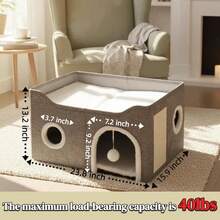 Indoor Cat Bed - Large Cat Hole, Pet Cat House, With Fluffy Ball Suspension And Scratch Pad, Foldable Cat Bed, 23.8x15.9x13.2 Inches, Gray - Multicolor - View 2