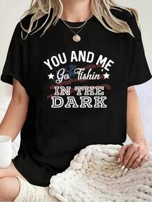 Camiseta Unisex 100% Algodón con Estampado de Letras de Música Country "You And Me Go Fishin In The Dark", Cuello Redondo y Manga Corta - Negro - Ver 6