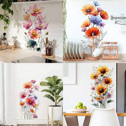 1/4pcs Watercolor Floral Wall Stickers, Waterproof Self-Adhesive, Suitable For Living Room, Bedroom, Kitchen Home Decor