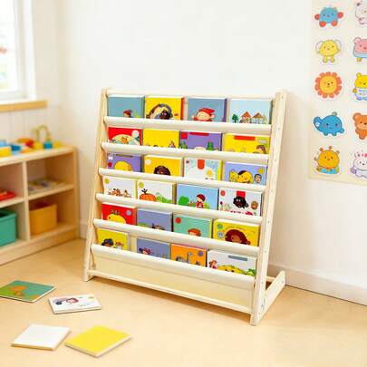 RustyVioum 6 Tiers Wooden Kids Book Rack Storage Bookshelf, Kids Bookshelf Kids Sling Book Rack Shelf Organizer Natural Beige For Kids Bedroom Playroom Toy Storage