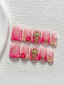10Pcs Sweet  Edgy Heiress Style Polygel Nail Set,Acrylic Press-On Nails,Leopard Print Spots, 3D Rose-Pink Stars, Hollow Gold Crosses, Gold Starfish-With Jelly-Like Texture Nail Art Accessories,Comes With Nail Tools(1 Sheets Jelly Stickers+1PC Nail File)3 Sizes Available,Almond Nails, Duck Nails,Coffin Nail,Suitable For Daily, Dining Dates Leisure Entertainment,Travel Photography,Spring Summer,Commute Supplies Nails - Nhiều màu - Xem 16