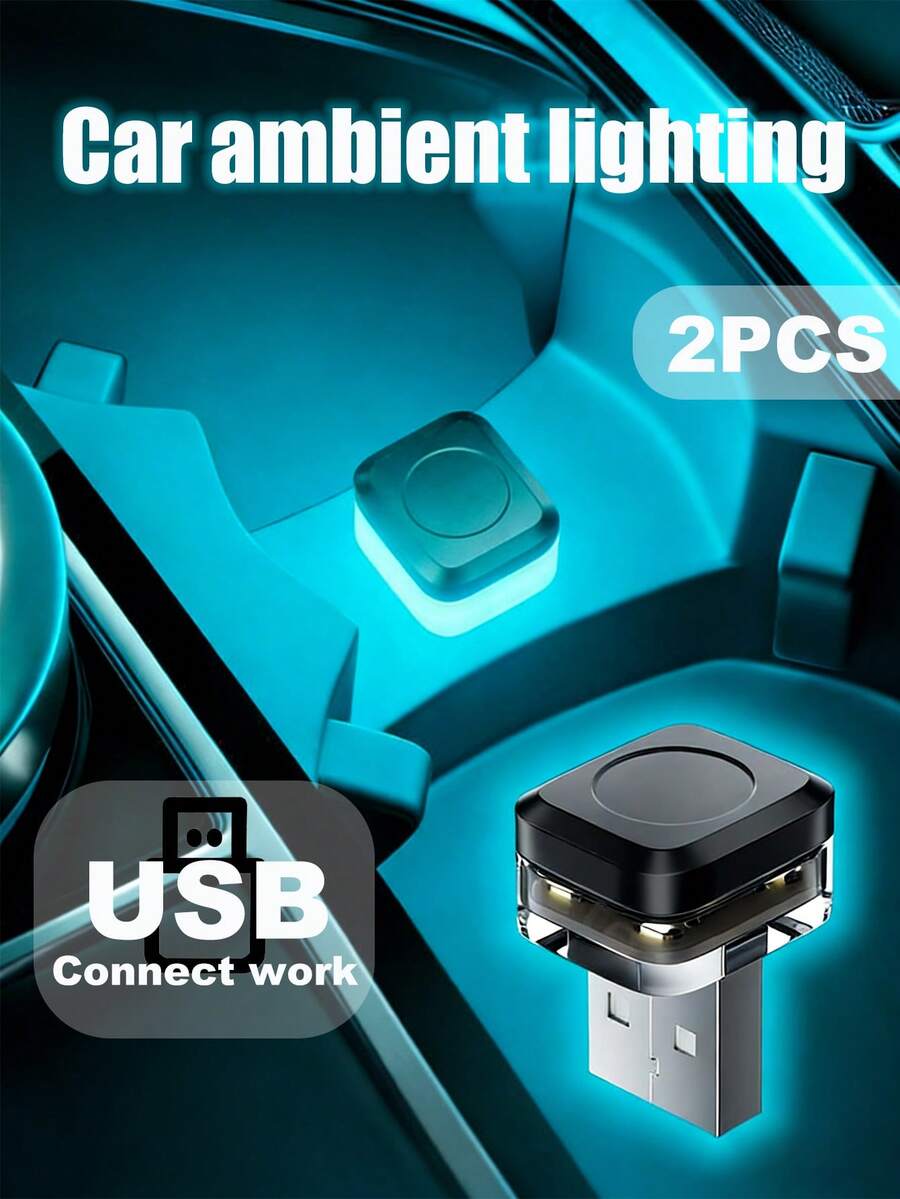 2 piezas Luces de ambiente USB para coche, Luces decorativas LED portátiles mini, Luces de modelado de ambiente para fiestas, Adecuadas para accesorios interiores de automóviles, RGB/Azul/Blanco/Rojo