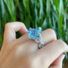 女士奢华白金镀层方形海蓝宝石锆石夸张结婚戒指 - 淺藍色 - 查看 3