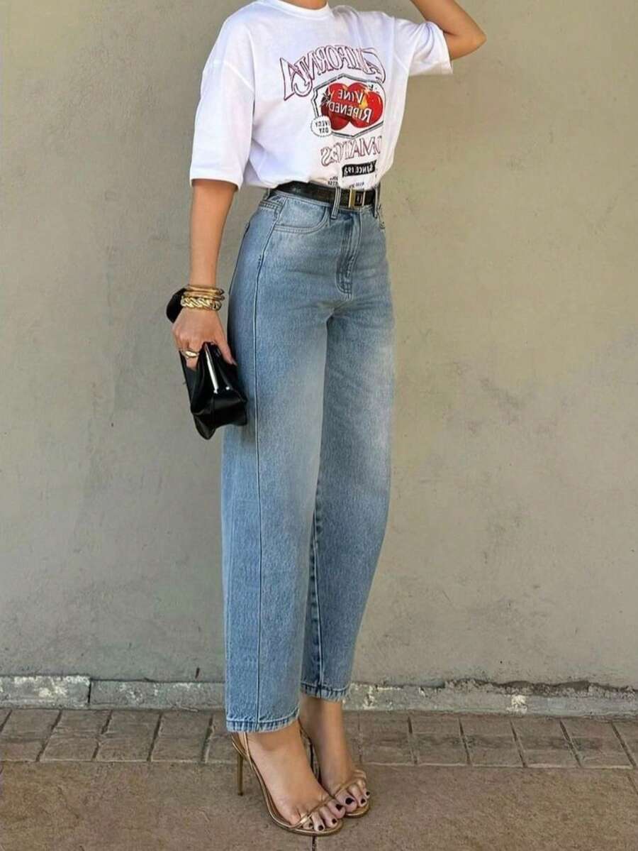 女款牛仔褲,休閒優雅時尚拼接修身短款牛仔褲 - 淺色水洗藍 - 查看 1