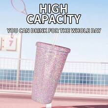 大容量双层水钻吸管杯，女士/女孩礼物，防烫珍珠杯，双层饮水杯，便携式玻璃吸管水杯，高品质密封杯 - 彩色 - 查看 10