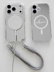 Personalized Custom Name Embossed Letter Four-Corner Mirror Short Rope Shockproof Protective Phone Case, Compatible With Iphone 18 Pro Max 17 Pro Max 17 Pro 17 16 15 14 13 12 11 Pro Max 16 15 Plus - Silver - View 6