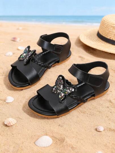 Mädchen Sandalen Größe 26-36 EU, schwarz mit Pailletten und Schmetterling Klettverschluss, buntes Pailletten-Patchwork Schmetterling Design, dicke Gummisohle, verspielter und cooler Stil, geeignet für Strandspaziergänge, Outdoor-Aktivitäten und den täglichen Gebrauch