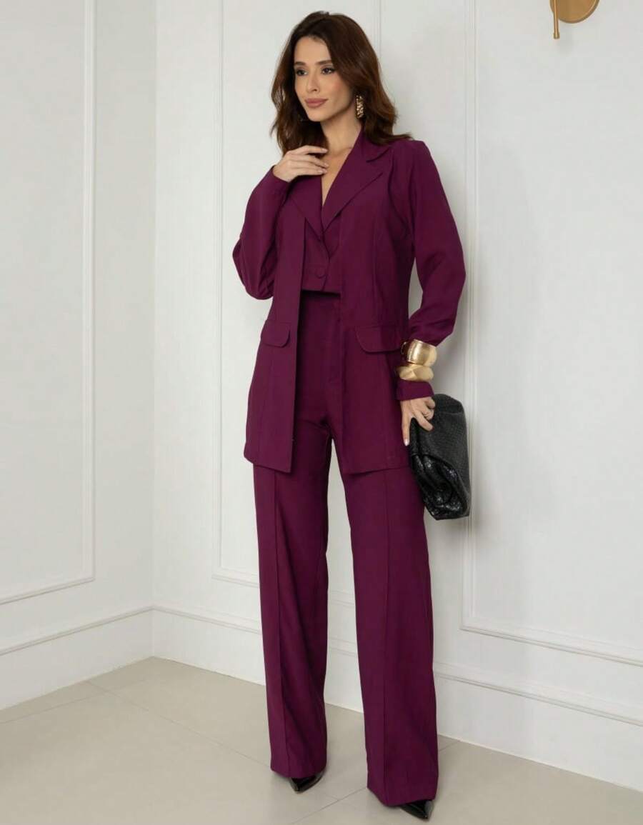 Women's Premium Blazer And Pants Set - Burgundy - View 1