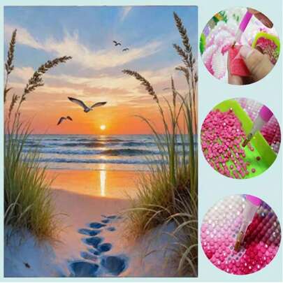 5D Diamond Painting DIY Beach Sunset Scenery Decor, Includes Sand Footprints, Seagulls, Waves, Decorative Frame & Greenery, Full Round Diamond Mosaic Handmade, Home Wall Art Decor, Stress Relief & Relaxation, Great Gift Idea