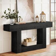 LITTLE TREE 160 Cm Farmhouse Console Table, 2-Tier Narrow Wooden Entryway Sofa Table With U-Shaped Base For Home - Black - View 4