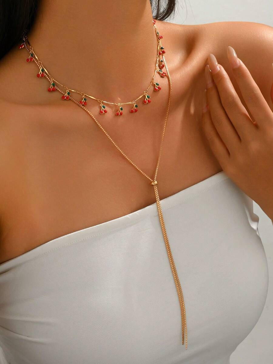 Bộ 2 chiếc dây chuyền mặt hình quả anh đào dễ thương và sành điệu, dây chuyền dài hình chữ Y thời trang, thiết kế đa năng phù hợp cho đeo hàng ngày và dự tiệc/lễ hội, chiều dài dây có thể điều chỉnh. - Nhiều màu - Xem 1