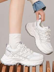 Women's Thick Sole Lace-Up Mesh Breathable Round Toe Low-Top Casual Sneakers, Spring/Autumn New Arrivals, White Shoes, Suitable For All Seasons, Training Shoes - Grey - View 1